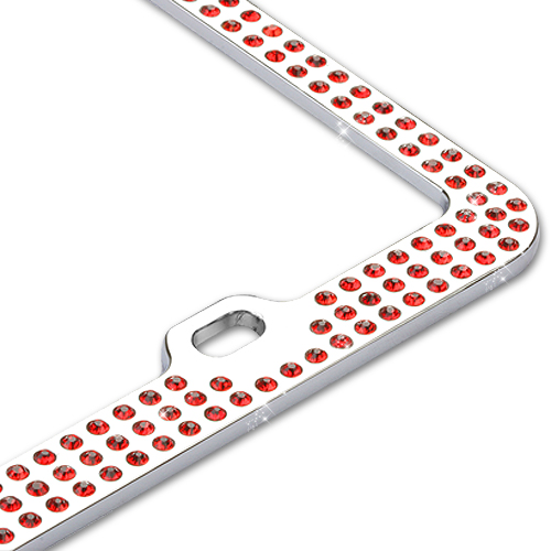 Chrome Metal License Plate Frame with Triple Row Red Crystals